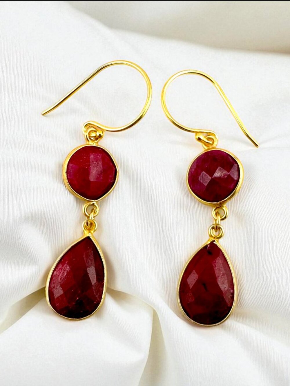 Faceted Ruby Earrings Gold Vermeil Gemstone Teardrop Dangle July Birthstone 2"